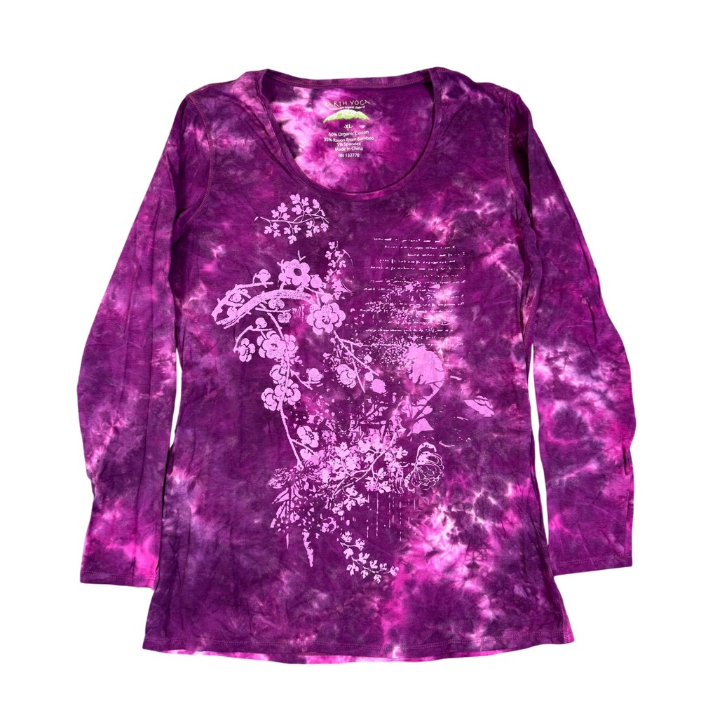 Earth Yoga Purple Tie Dye Floral Graphic Long Sleeve Organic Cotton Bamboo XL